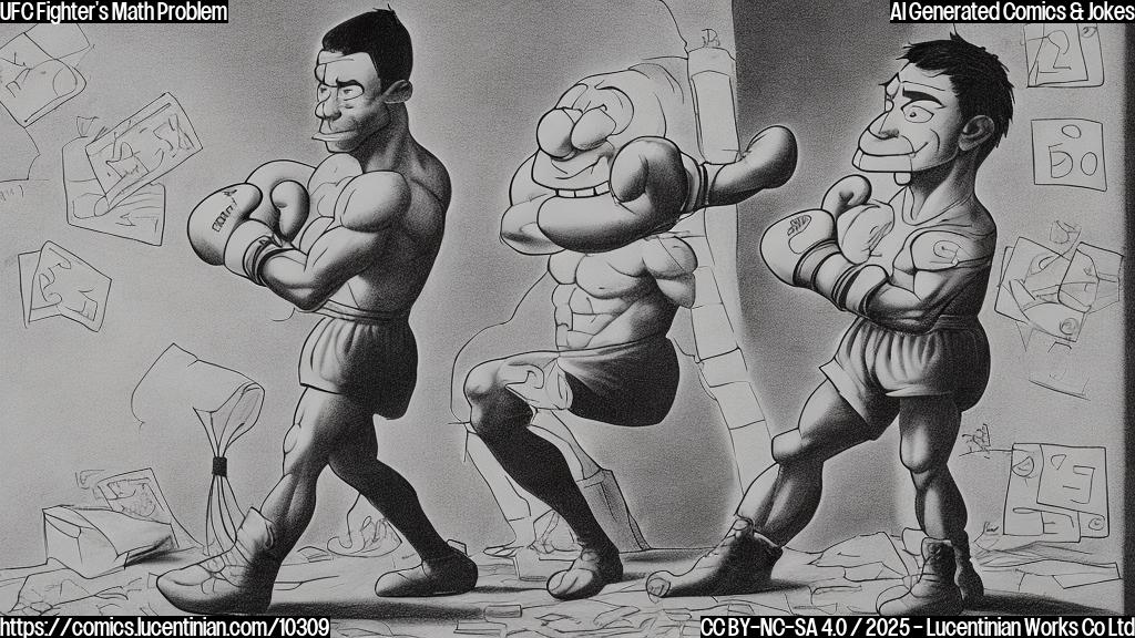 A cartoon drawing of a muscular fighter in boxing gloves, looking confused and scratching his head while standing in front of a chalkboard filled with multiplication problems. The chalkboard has equations like "5 x 7 = ?" and "9 x 3 = ?" written on it. The style is plain color and cartoonish.