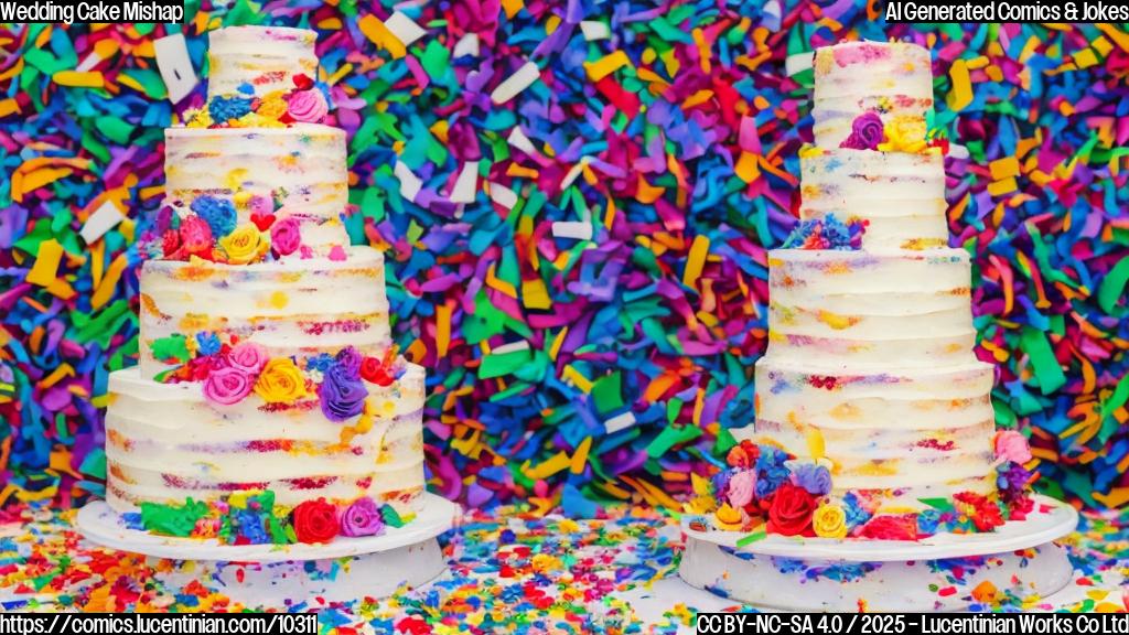 A three-tiered wedding cake, slightly tilted to one side, with confetti scattered around it. The background is a blurred, brightly colored Italian landscape. Cartoon style, plain colors.