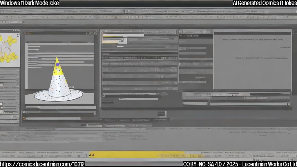 A simple cartoon of a computer screen showing a file operation dialog box. The background is light gray, but the dialog box is now consistently dark gray. A tiny celebratory party hat is on the corner of the screen.
