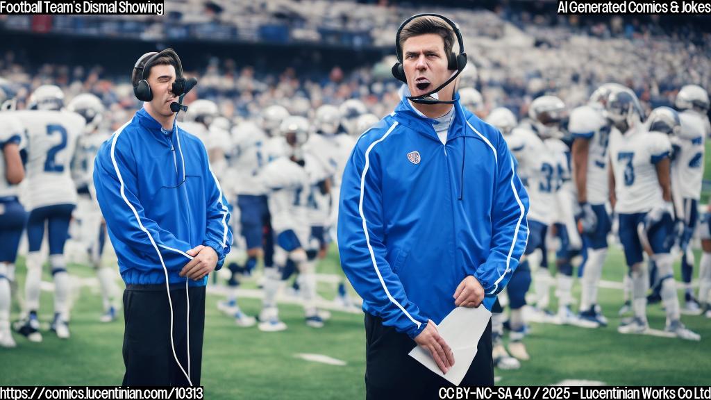 A cartoon style image of a frustrated football coach wearing a blue jacket and headset, standing on the sidelines looking dejected. The scoreboard in the background reads "0-38". The image should be in plain colors with no background details.