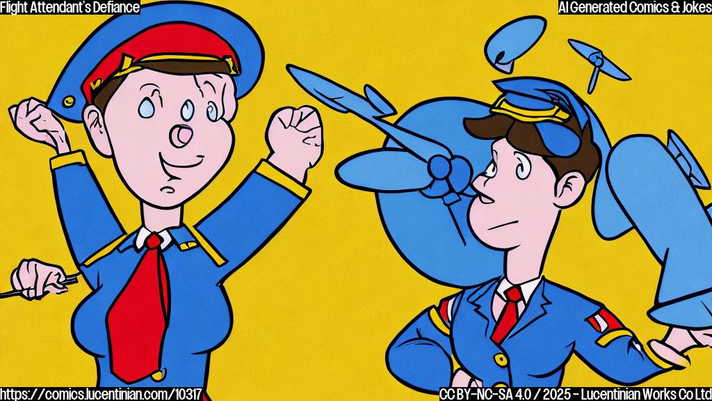 A cartoon style plain color background with a small, disgruntled-looking, simplified drawing of a blue airplane with its propellers not moving. Next to the airplane stands a stick-figure drawing of a flight attendant in a red uniform, arms crossed and a determined look on her face. The background color is light yellow.