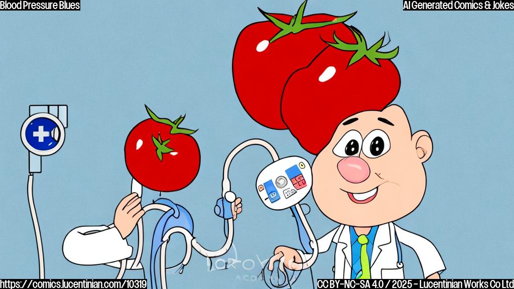 A cartoon tomato with a worried expression having its blood pressure checked by a doctor wearing a white coat, the background is a plain light blue.