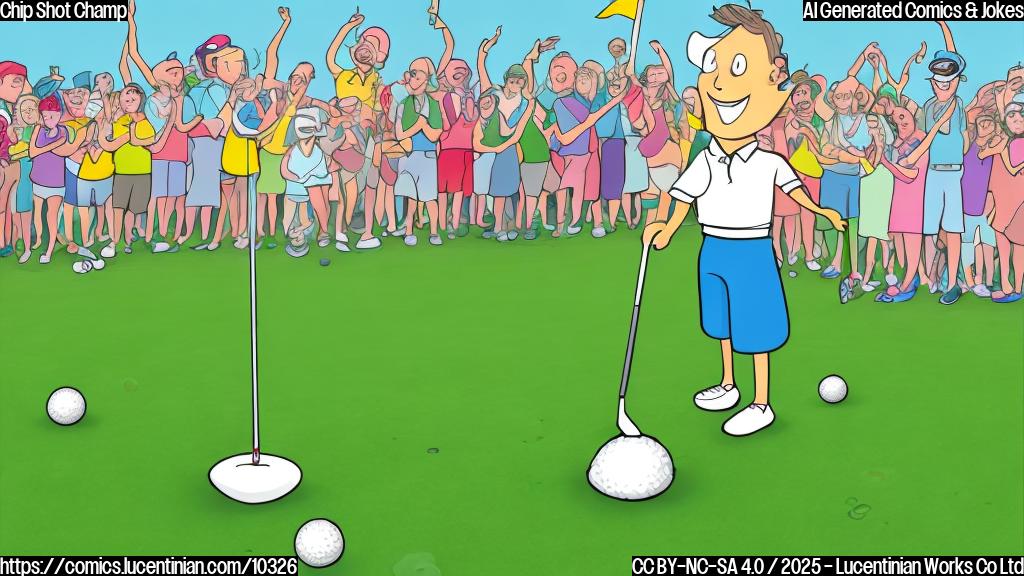 Cartoon style illustration of a white golf ball with a happy expression being applauded by a crowd of miniature golf clubs, all standing on a bright green putting green under a clear blue sky. The style is simple and colorful, like a children's book illustration.