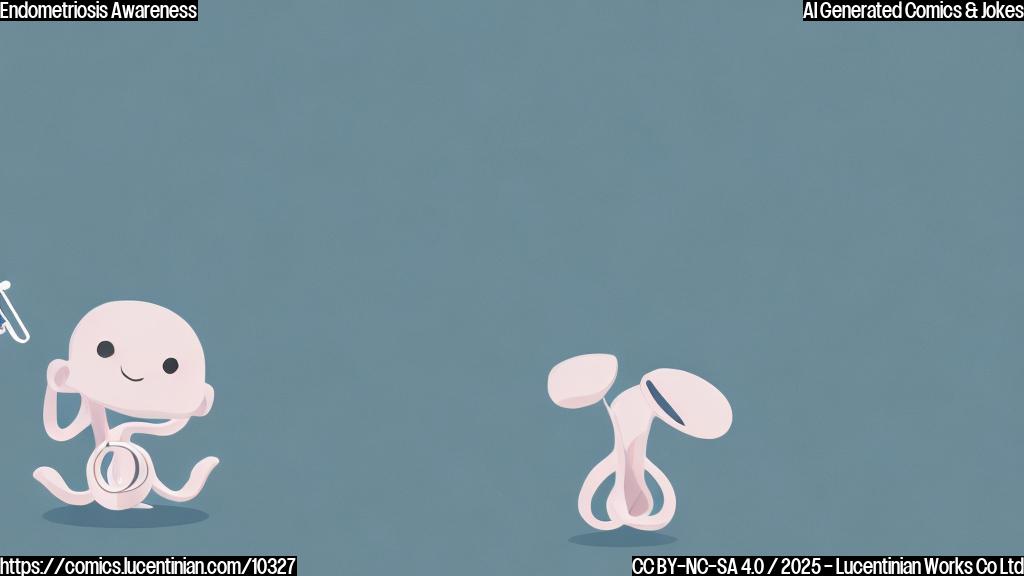 A cartoon uterus character with a sad face sitting on a doctor's examination table. The background is a light blue plain color. The style is simple and child-friendly.