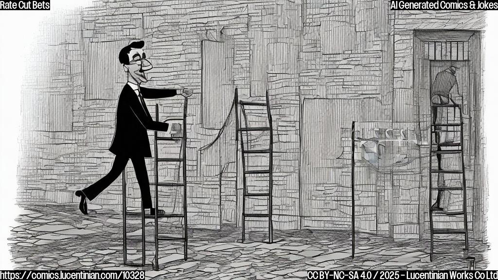 A cartoon drawing of a bond trader carrying a ladder towards a building labeled "Federal Reserve". The background is plain light blue. The style is simple and colorful.