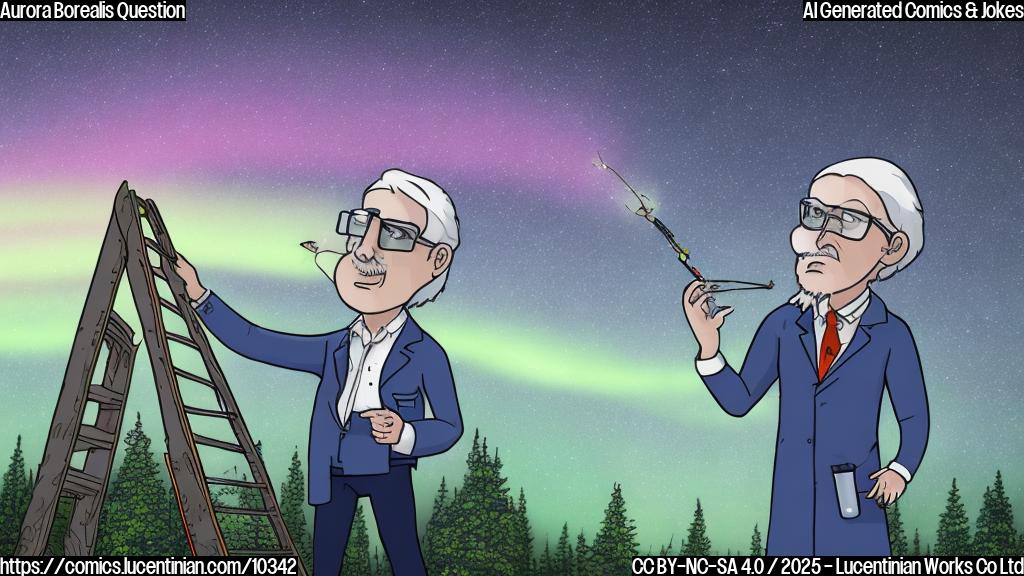 Plain color cartoon style picture of a scientist with wild white hair wearing glasses and a lab coat, carrying a very tall ladder and looking up at a dark night sky with a slightly visible green aurora borealis.