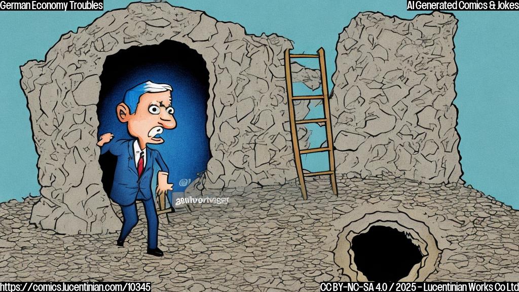 A simple cartoon drawing of a worried-looking man in a suit holding a ladder looking down into a hole in the ground. The hole is labeled "German Economy". The color palette is mostly muted blues and grays.