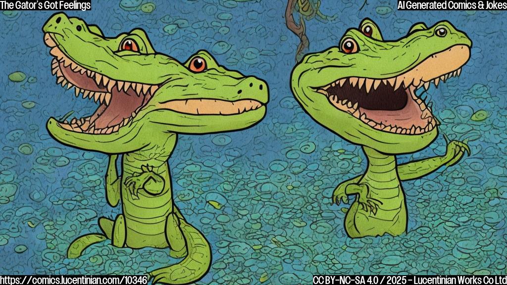 Draw a plain color cartoon style picture of a small, anthropomorphic alligator with a worried expression sitting in front of a large, open door, with a subtle background of a swamp and trees. The alligator is surrounded by tiny fish swimming around its head, symbolizing the "new waters" it's about to face.
