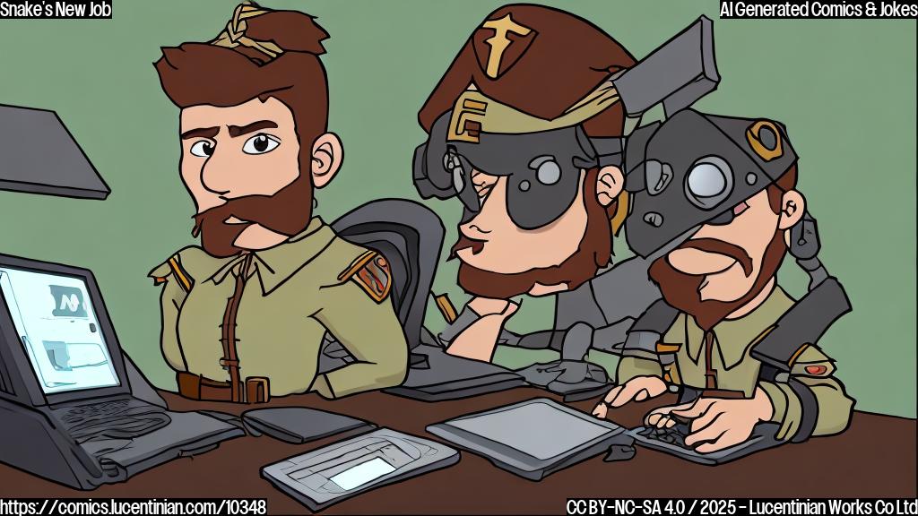 A simple cartoon of a muscular, brown haired soldier with an eye patch wearing a bandana, sitting at a computer with a game development studio logo on the screen. The background is a plain light green color.