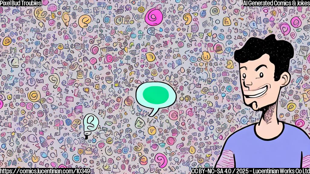 Cartoon drawing of a person with surprised expression taking out a wireless earbud from their ear, with a speech bubble showing question marks above their head. The background is a brightly lit store with people faintly visible. The color palette is pastel.