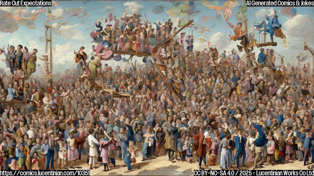 A cartoon drawing of a crowd of people with various professions looking up expectantly. In the center, a person with glasses and a serious expression stands at a podium. One person in the crowd is carrying a comically large ladder, with the top out of frame. The color palette is simple and bright, focusing on primary colors.