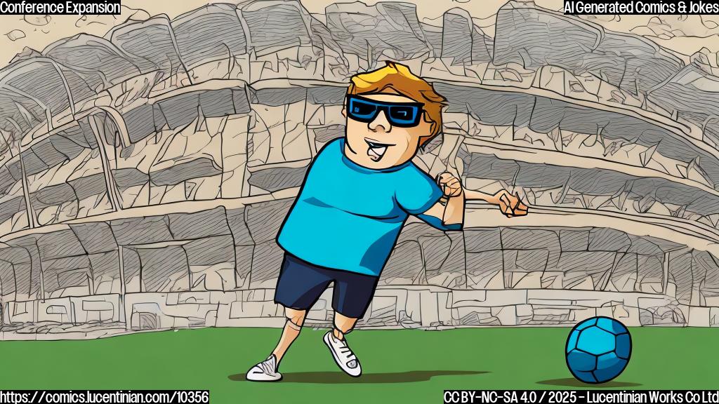 a plain color cartoon style picture of a football wearing sunglasses and flexing its muscles in front of a stadium