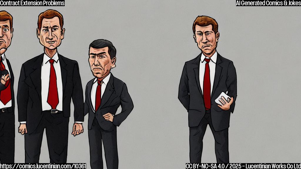 A cartoon style image. One nervous looking football player in uniform is sweating, standing between a large, stern-looking businessman in a suit and a shadowy figure representing his agent. The businessman is frowning and crossing his arms, while the agent figure is partially obscured and appears menacing. The background is plain light blue.