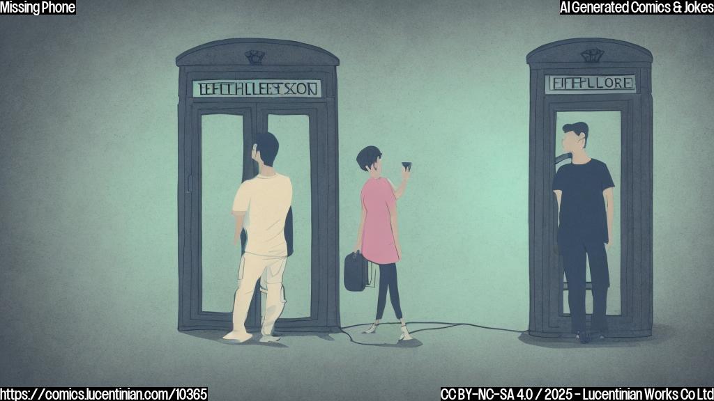 Plain color cartoon style picture of a frustrated customer looking at an empty phone box, a ghostly outline of a phone floating nearby. The background is a light pastel color.