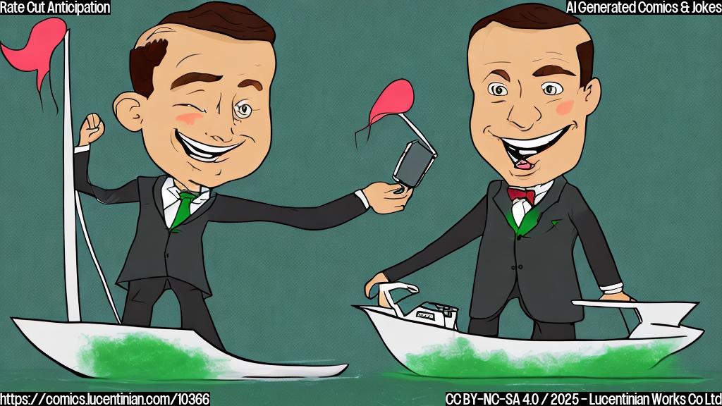 Cartoon drawing of a joyful character wearing a suit and tie, holding a miniature yacht and smiling broadly, with green bars of a graph rising in the background. The image should have a flat, plain color cartoon style.