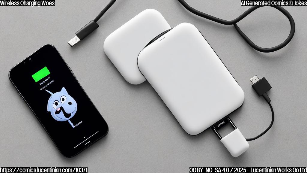 a cartoon phone with a grumpy face lying on a plain white wireless charger pad, the charger is surrounded by tangled charging cables