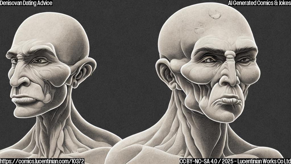 Plain color cartoon of a surprised-looking early human with a large brow, standing awkwardly in front of a stern-looking Denisovan with an even larger brow. Speech bubble above the early human says "I'm really into your mucus gene!". Background is a simple, abstract representation of the Americas.