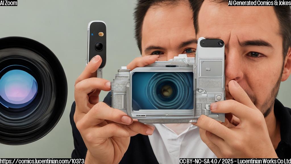A frustrated photographer standing next to a smart phone with a giant, cartoonishly oversized lens, the phone's screen displaying a heavily zoomed-in image of a random object, all rendered in a simple, flat, cartoon style with a plain background.