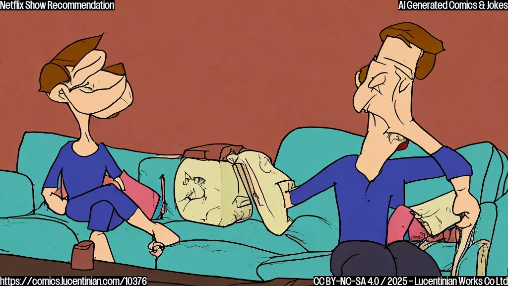 Cartoon style, plain background, viewer sitting on a couch in front of a television, looking thoughtful. The television screen shows a title card with the words "New Show - Human Story".