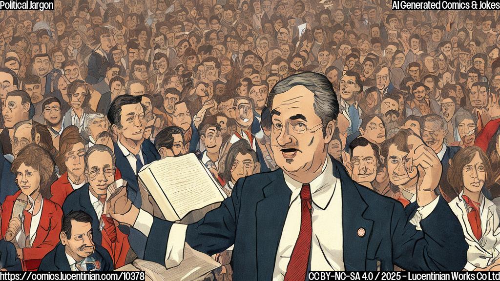 A cartoon-style image of a politician sweating nervously while holding an oversized dictionary in front of a crowd of concerned-looking citizens, all rendered in plain colors.