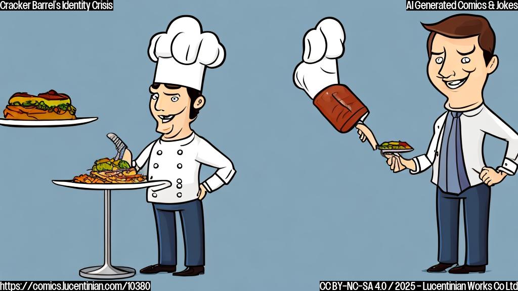 a cartoon style illustration with plain light blue background, a smiling, average looking politician with a suit refusing a plate from a chef wearing a tall white hat in front of a restaurant named "The Barrel". The chef looks confused.