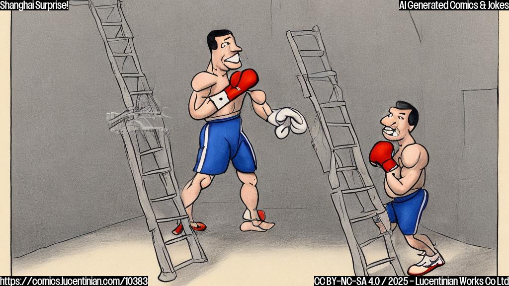 A simple, plain color cartoon of a muscular man in boxing gloves awkwardly carrying a comically large ladder into a generic stadium entrance. The stadium is just suggested, not detailed.