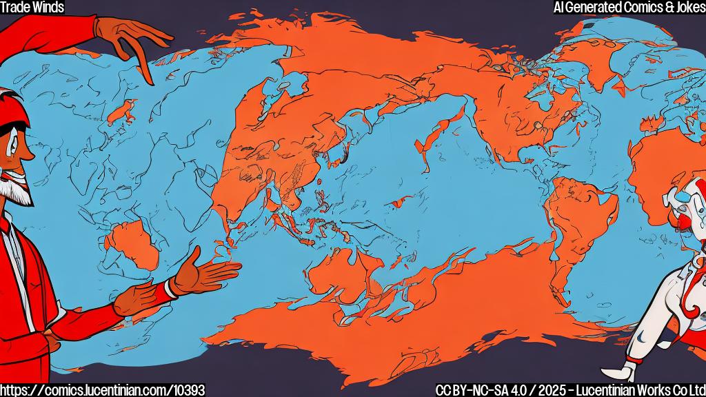 Two stylized cartoon figures, one dressed in orange and the other in red, shaking hands against a map of Asia with a sad, blue figure looking on from across the ocean. The sky is cloudy with some dollar bills falling.