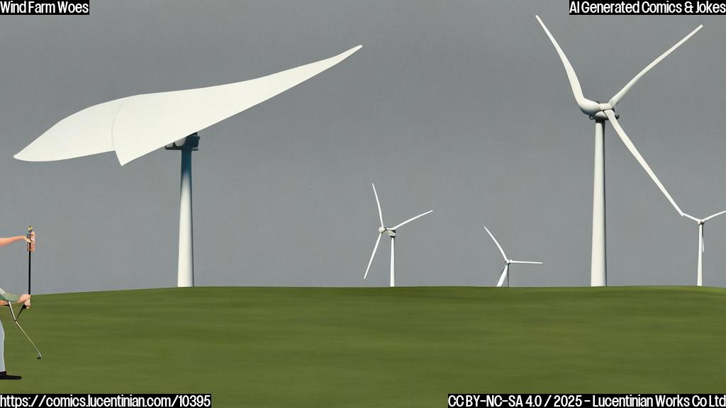 A plain color cartoon image of a large wind turbine with its blades stopped. In the background, a generic golf course is visible. In the far distance, a man with a distinctive comb-over hairstyle is shaking his fist at the wind turbine.