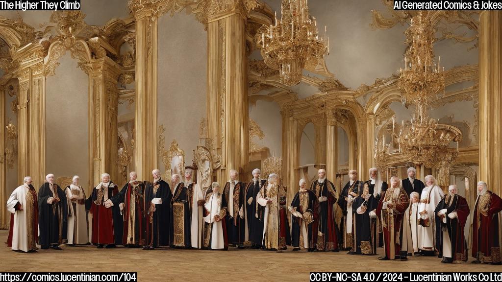 A group of elderly men in formal attire with white hair and beards, wearing traditional Catholic vestments, stand at the bottom of a large staircase. One of them holds a ladder, while the others look up at it with interest. The background is a grand, ornate room with red curtains and gold accents.