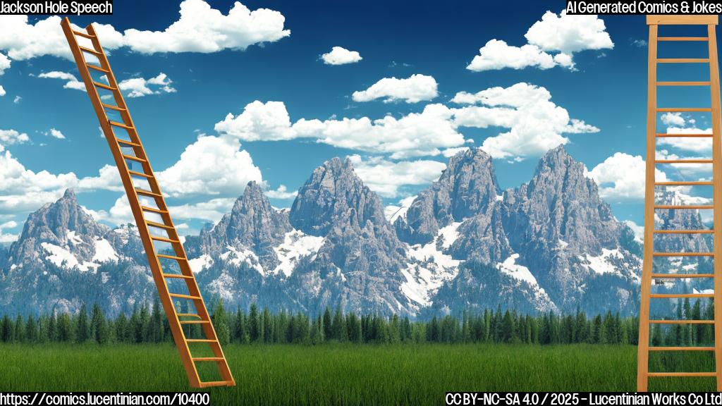 A simple cartoon image of a stock market graph climbing up a ladder towards the sky, with Jackson Hole mountains in the background. The graph is green, the ladder is wooden, and the sky is blue with fluffy white clouds. Style: plain colors, cartoonish.