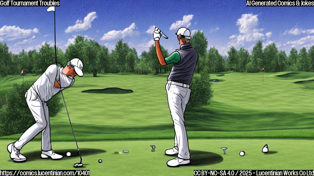 A cartoon-style drawing of a green golf course with a golfer looking confusedly at a leaderboard that is moving upward by itself. The sky is a plain blue.