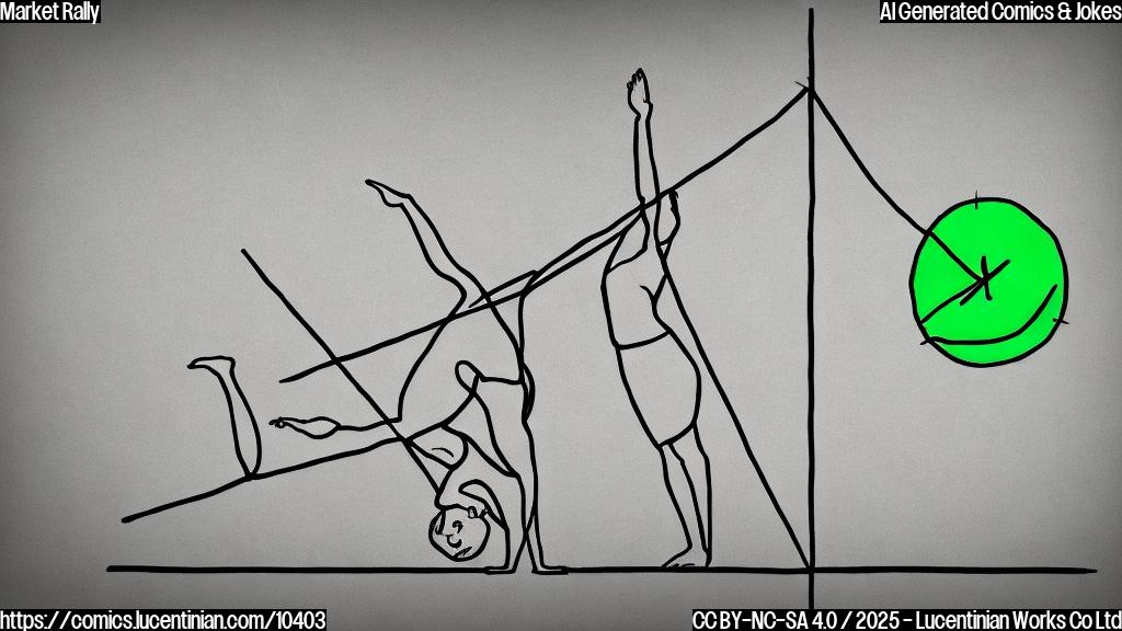 Draw a simple, plain color cartoon of a stock market chart doing a yoga pose. The chart is green and has an arrow pointing upwards.