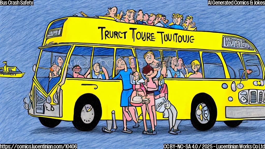 A cartoon-style drawing of a yellow tour bus with passengers holding pillows in a nervous manner. The background is a plain blue sky.