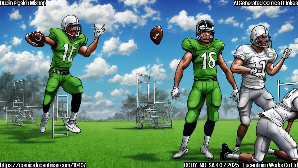 Cartoon of two generic football players on a bright green field in front of some pastel colored generic buildings. One player is holding a comically oversized ladder. The sky is a solid light blue.