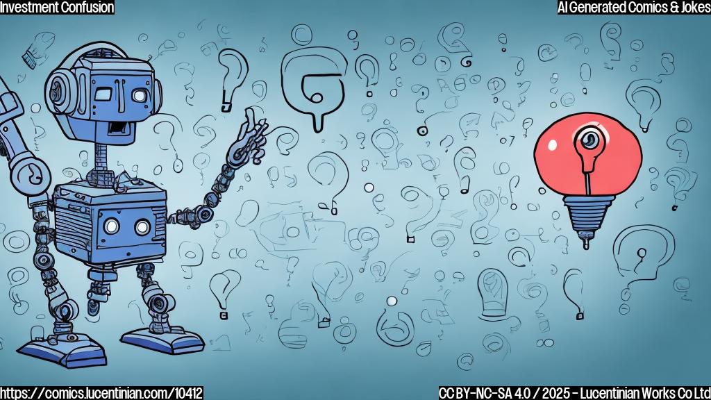 Cartoon style, plain blue background, a confused looking robot with blinking lights scratching its head with a wrench, speech bubble with a question mark above its head.