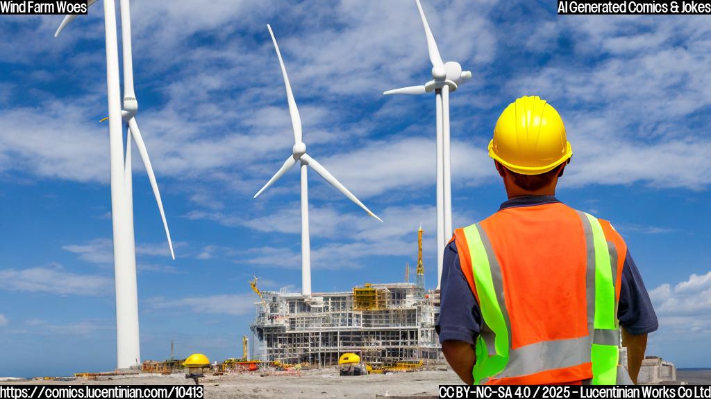 A frustrated construction worker in a yellow hard hat standing next to a partially built, large white wind turbine off the coast of a blue ocean. The sky is light blue and cartoon style.