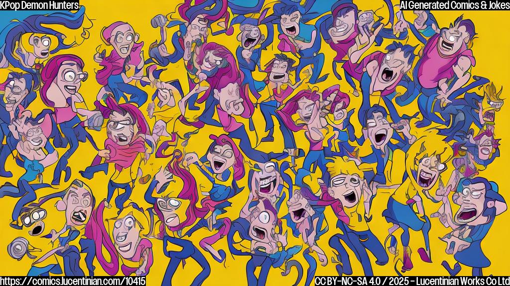 cartoon style image, plain light-yellow background, A group of stylized cartoon figures with vibrant colored hair holding microphones and singing loudly, surrounded by small, frightened demons with exaggerated expressions.