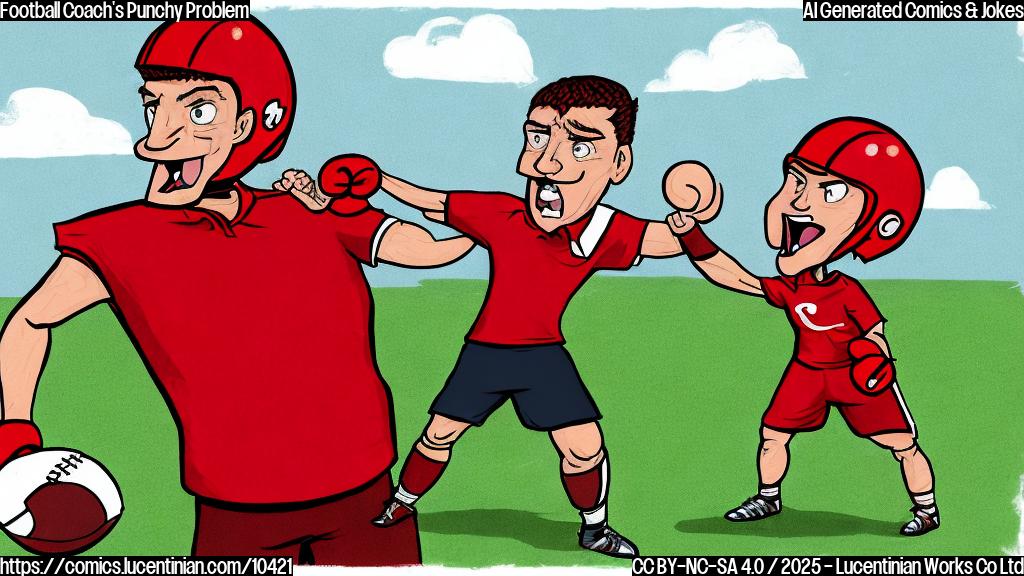 A cartoon drawing of a frustrated football coach in a red polo shirt yelling at a football player wearing a helmet and pads, holding his fist up in a boxing stance. The background is a blurred football field. The style is plain colors and simple lines.