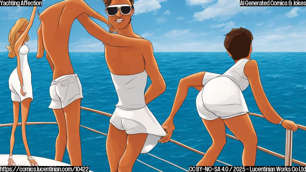 Cartoon style, plain color background, a very tanned man wearing white shorts and sunglasses reaching up to playfully grab the butt of a slender woman in a black dress standing on the deck of a large, luxurious yacht. The ocean is a flat blue. The sun is shining.