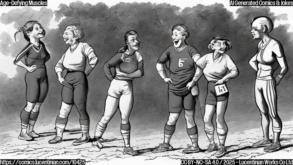 A cartoon drawing depicting a very old, smiling woman in athletic gear giving advice to a young, muscular person. Both are standing on a track. The style is plain and simple with bright, solid colors.