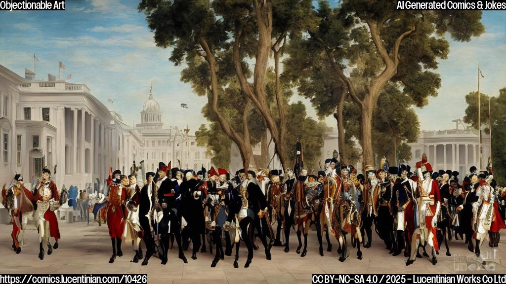 Cartoon of a painting with exaggerated colors being escorted out of a grand museum by serious-looking guards. The White House is visible in the background, casting a long shadow. Plain color style.