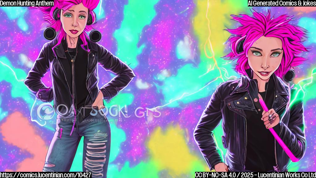 A cartoon style image of a young woman with bright pink hair, dressed in a black leather jacket and ripped jeans, holding a glowing microphone. She's standing in front of a horde of cartoon demons, who are cowering and covering their ears. The background is a stage bathed in purple and green light. The style is simple and colorful, like a frame from an animated movie.
