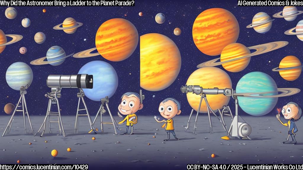 A cartoon astronomer with a telescope standing next to a tall ladder pointing towards a row of six plain color planets in a dark blue sky with stars. The planets are simple circles of different sizes and colors (yellow, orange, red, light blue, purple, and green). The astronomer is wearing a white coat and has a surprised expression. Cartoon style, plain background.
