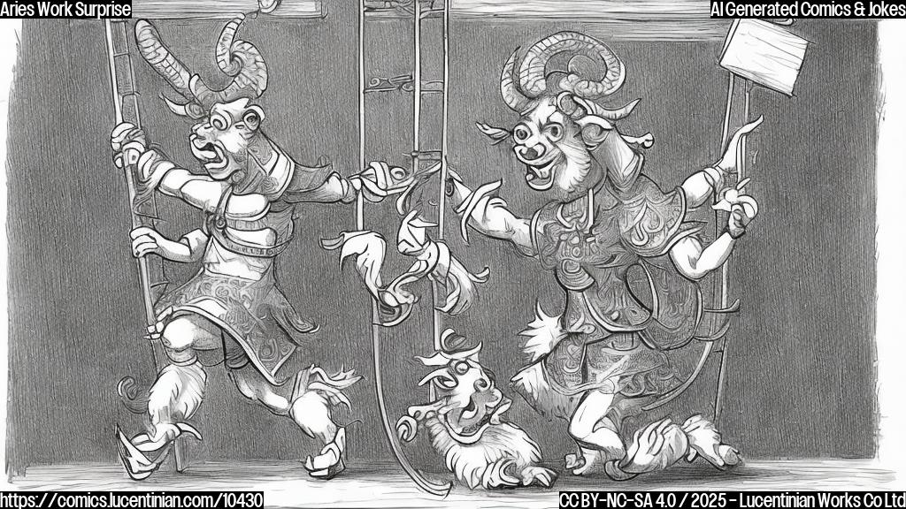A cartoon-style drawing of a ram character (Aries zodiac sign) carrying a large ladder into an office building with a surprised expression on its face. The background is a plain, light-blue color.