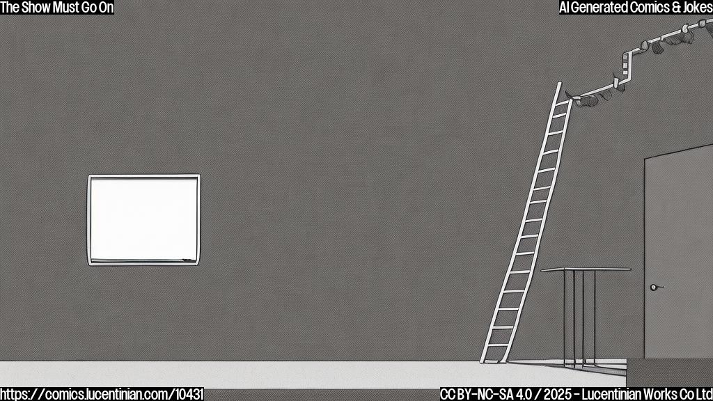 A minimalist cartoon style image of a stage with a slightly lowered curtain. A single ladder leans against the side of the stage. The overall color scheme should be muted and somber, using shades of gray and beige.