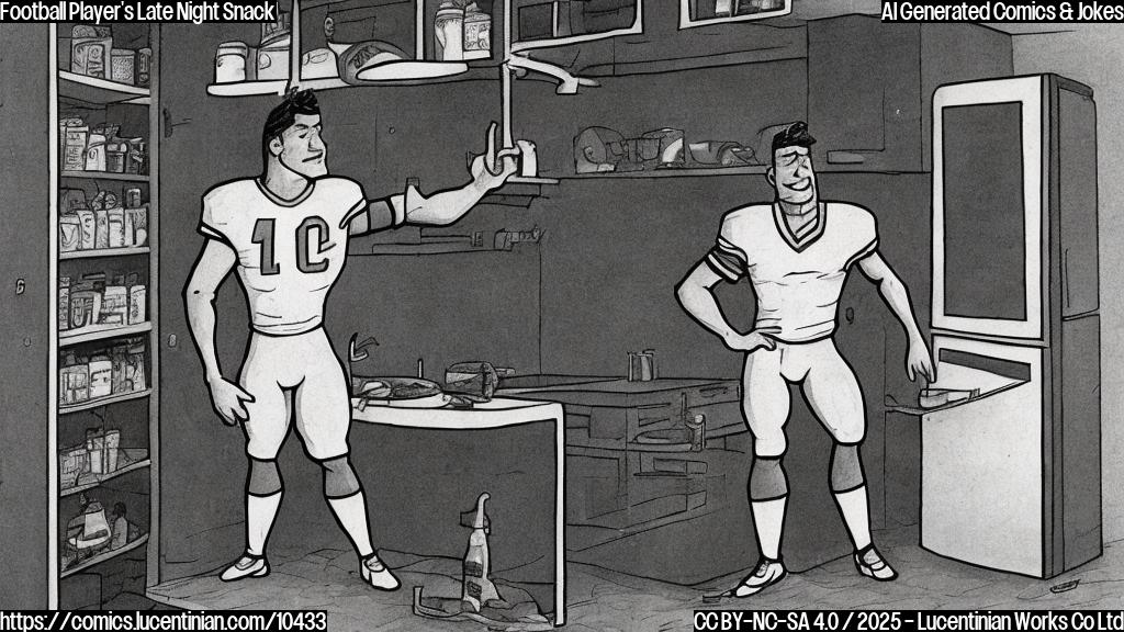 A cartoon drawing of a muscular football player in full uniform, standing in front of an open refrigerator late at night. He's holding a small ladder to reach a very high shelf inside the fridge. The style is simple, plain colors, and a white background.