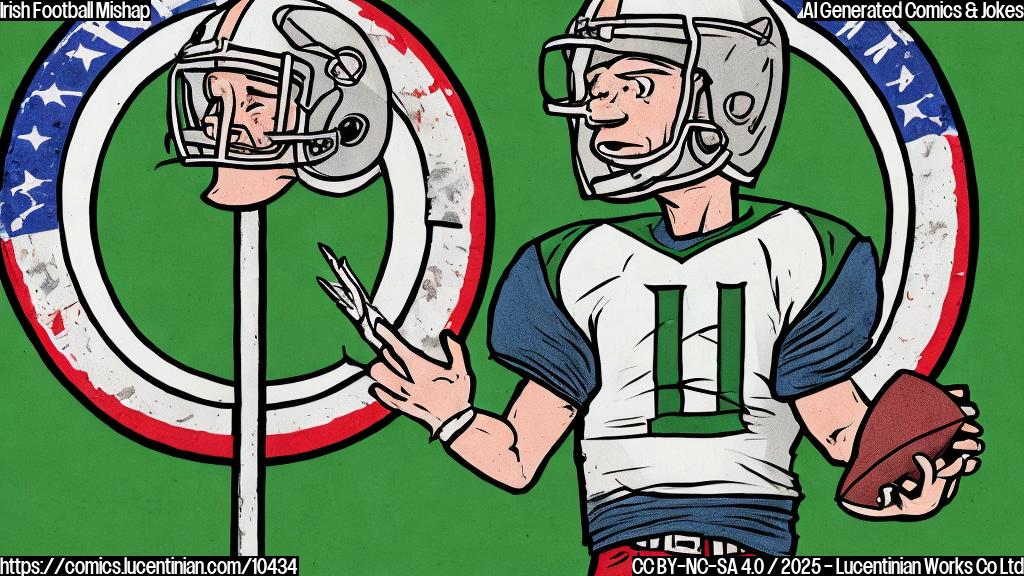 A cartoon drawing in a plain color style depicting an American football player wearing a helmet and shoulder pads, looking confused at a roundabout road sign in Ireland. The sign has multiple arrows pointing in circles. The background is a solid green color.