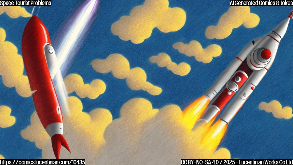 A cartoon style drawing of a red and white space rocket launching into space with clouds of smoke. The background is a plain light blue color.