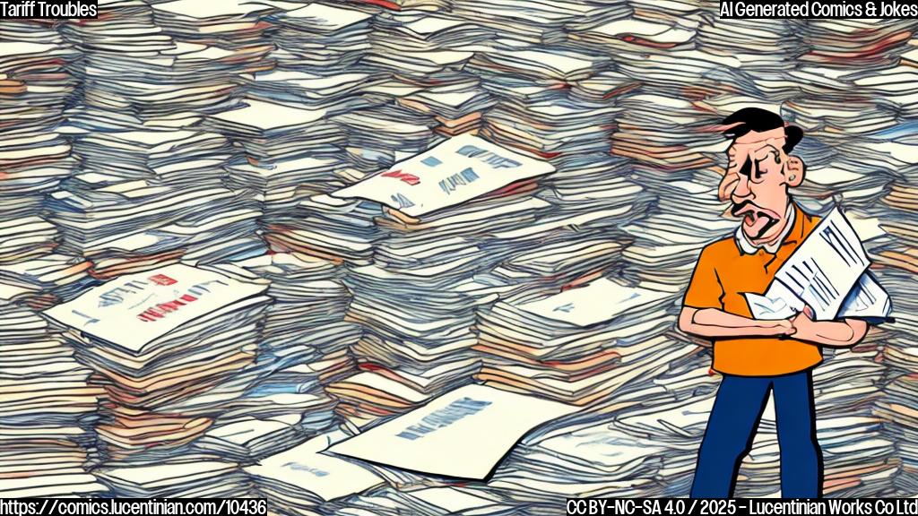 Cartoon image of a stressed-out European postal worker with a large sack of letters, looking overwhelmed by a towering stack of papers labeled "U.S. Tariffs". The background is a plain light blue.