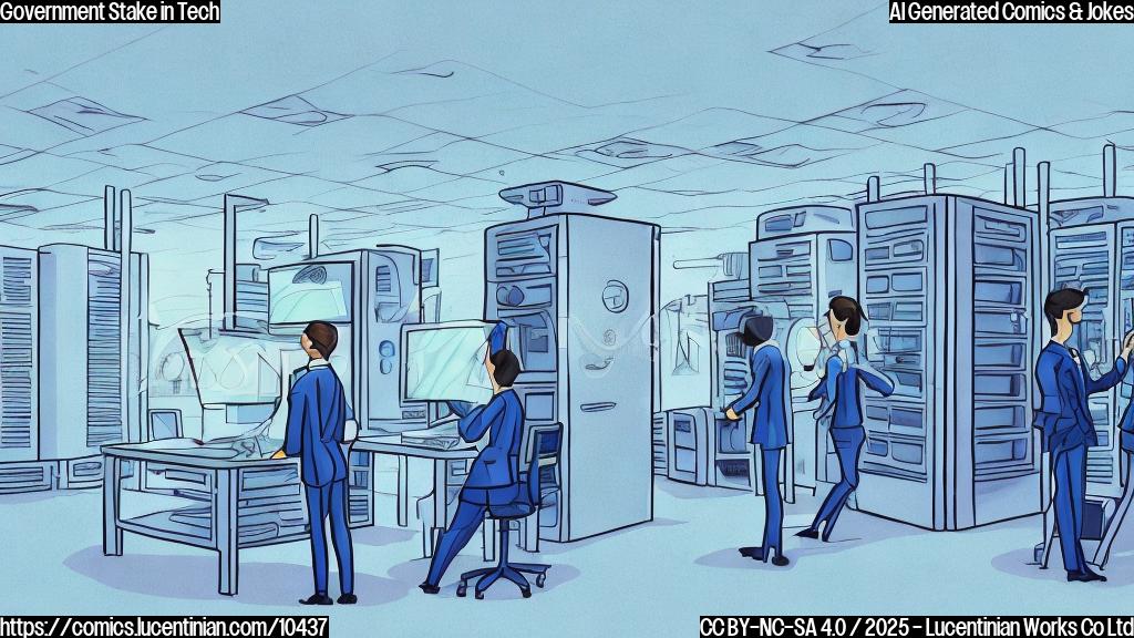 A cartoon style drawing of a server room. One server is wearing a business suit and tie, looking nervously to the side. The background is plain light blue.